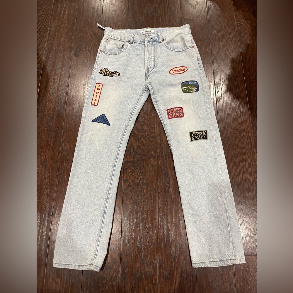 Pacsun Vintage Loose  Jeans Stonewashed Light Women Size 29 Graphic Patches *